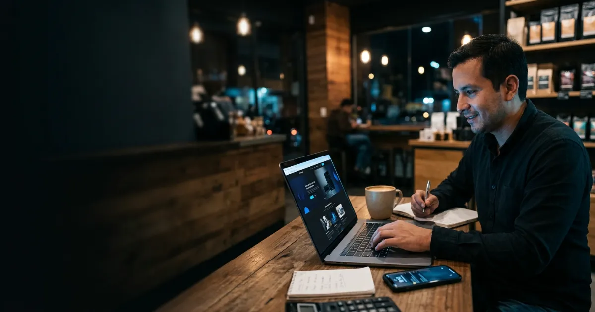 Persona revisando el presupuesto de una página web en un computador portátil