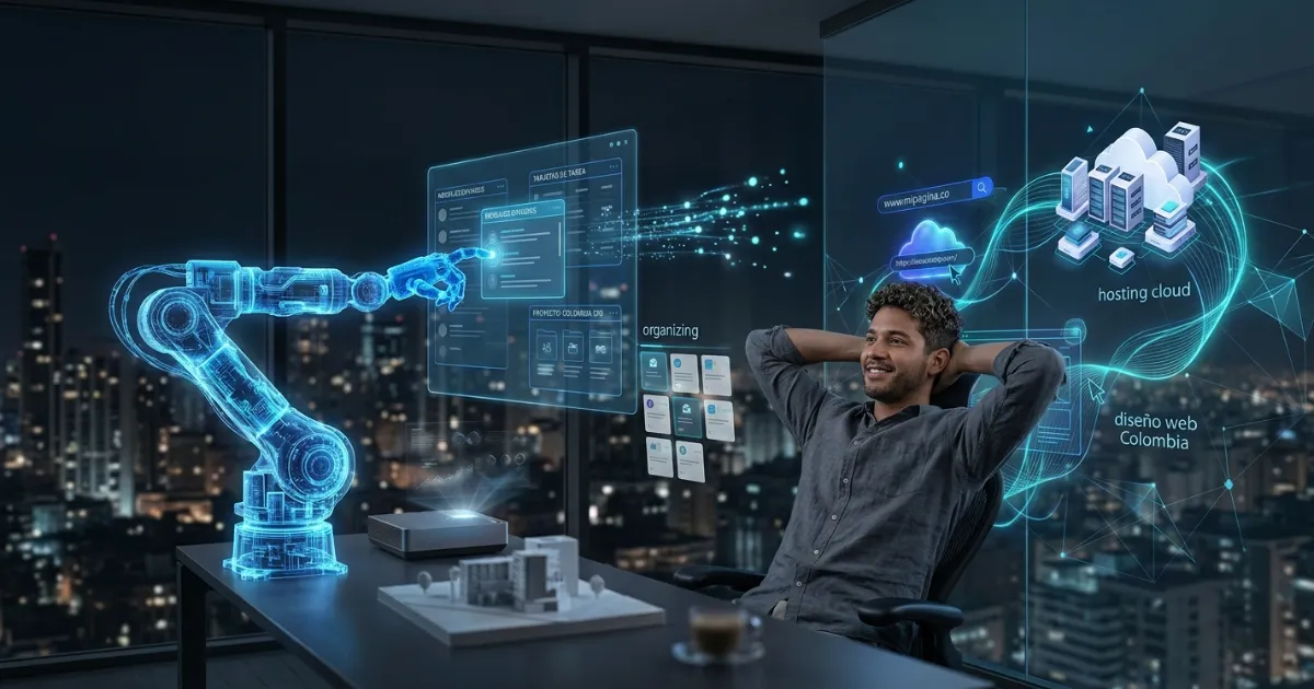 Emprendedor trabajando junto a un robot holográfico que automatiza tareas en el computador